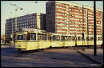 Tram Wagen 34 der Linie 2 erreicht hier am 18.3.1990 den HBF Dessau.