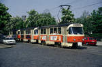 14. Mai 1992. Dresden, an der Haltestelle Wintergartenstraße (St.Joseph-Stift) begegnete mir dieser Tatra-Dreierzug der Linie 10 nach Laubegast. Tw 222 956 führt.  