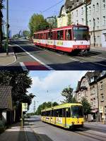 Oben: Tw 5145 auf der Altenessener Strae in E-Altenessen (19. September 2003).
Unten: Dieselbe Stelle, aber fnfzehn Jahre frher. Damals fuhr noch die meterspurige Straenbahnlinie 106 nach Gelsenkirchen-Horst. Hier hlt Tw 1018 an der (H) Nordsternstrae, die im Zuge des Stadtbahnbaus aufgehoben wurde (13. August 1988).