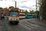 VGF Düwag Pt-Wagen 128 und 720 als Stadionverkehr Linie 20 am 02.11.19 in Frankfurt Oberforsthaus mit dem Bahnbabo als Fahrer