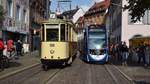 Freiburg im Breisgau - Oldtimer Tram 56 - Historische Straßenbahn Rastatt T4 und Straßenbahn CAF Urbos 305 - Aufgenommen am 01.09.2018