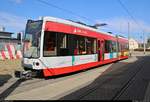 MGT-K (Bombardier Flexity Classic), Wagen 680, der Halleschen Verkehrs-AG (HAVAG) steht anlässlich des Tags der offenen Tore im HAVAG Betriebshof in der Freiimfelder Straße in Halle (Saale).