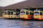 Karlsruher Straßenbahn, Einsatzwagen 82 (KSW), TW 189 und TW 159 vor dem Wagenschuppen.
Datum: 23.03.1986