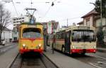 Museumswagen 167 auf Sonderfahrt trifft auf den Museumsbus O 305 in Durlach Turmberg 19.3.11