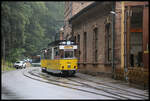 ET 3 der Kirnitzschtalbahn wartet am 9.9.2024 um 9.47 Uhr in der Ausweiche am Depot der Bahn auf den Gegenzug.