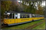 Dreiwagenzug der Straenbahn Bad Schandau hier an der Endstelle am Kurpark.