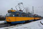 20.01.2016, Leipzig, Schleife Lausen. Tatra T4D-Traktion auf der Linie 1 endet seine Fahrt.