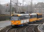 Tatra T4D+Niederflur-Beiwagen NB4 als Linie 1 von Lausen,Leipzig nach Leipzig-Mockau bei der Ausfahrt in der Haltestelle Kurt-Kresse-Str., Leipzig.23.11.2013 
