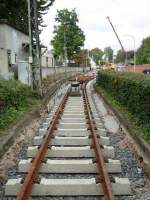 Die neu verlegten Schmalspurgleise in Richtung Mainz Inenstadt stehend. 