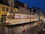 Der Gotha Gelenkwagen mit der Nummer 177 des Verkehrsbetrieb Potsdam (ViP) in Potsdam am 08.12.2024