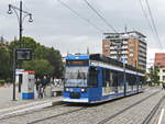 Wagen 667 der Rostocker Straßenbahn mit Linie 1 nach Hafenallee  an der Haltestelle Neuer Markt am 27.