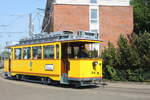 Wagen 26 aus dem Baujahr 1926 wärend einer privaten Sonderfahrt bei der Ausfahrt vom Betriebshof der Rostocker Straßenbahn AG.01.06.2019