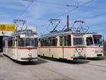 Gelenktriebwagen 1, Lowa Triebwagen 46 und Tatra T6A2 Nummer 704 der Rostocker Straßenbahn AG im Depot12 am Tag der offenen Tür am 03.08.2024