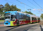 6N1 Wagen 668 mit ihrer schönen Bäderbahn Molli Bemalung am Vormittag des 31.08.2024 in Höhe Haltestelle Rostock-Kunsthalle