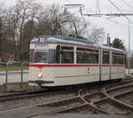 Der Gotha Gelenktriebwagen des Typs G4 aus dem Baujahr 1961 stand am 01.02.2025 in Höhe Rostock-Kunsthalle.