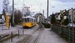 GT4 496 und ein weiterer GT4 am 01.03.1987 in Echterdingen. Mit der Aufnahme des Stadtbahnbetriebes am 28.05.1990 verschwand dieser Streckenabschnitt.