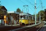 Ein Zug der Serie GT4 auf der Linie 14 der Stuttgarter Straßenbahn mit dem Fahrtziel Vaihingen bei der Station Münster-Viadukt.