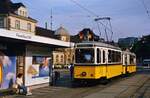 Stuttgarter Straßenbahnsonderfahrt nach Gerlingen mit TW 851 vor dem Feuerbacher Bahnhof, als dort noch Gleise der Straßenbahn lagen (1986).