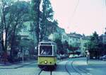 SSB Stuttgart__GS-Tw 851 auf Sonderfahrt, vom Killesberg kommend auf Talfahrt in der Birkenwaldstraße.__05-05-1973