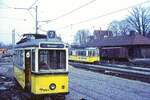 SSB Stuttgart__Gartenschau-TW (GS) 854 [Uerdingen 1939] in Bf S-Möhringen zur Verschrottung abgestellt. Für die Fotos durfte er nochmals einige seiner jahrzehntelangen Fahrtziele anzeigen. Daneben 31er nach Vaihingen.__17-04-1975