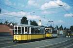 SSB Stuttgart__E-Wagen__Tw 762 als Rangier-Tw mit Bw 1543 der Linie 31 im Bf S-Möhringen auf dem Gleis nach Degerloch.__10-09-1975