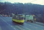 SSB Stuttgart__E-Wagen__Solo-T2 758 als E-Wagen auf der Neuen Weinsteige unterh. Haltestelle Altenbergstaffel.__03-04-1976