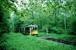 SSB Stuttgart_DoT4 auf nicht alltäglichen Routen. Auf Linie 31, im Landhauswald zwischen 'Landhaus' und Beiberg. Der Einsatz der DoT4 auf der alten Filderbahnstrecke dauerte wohl nur wenige Tage. Den Fahrgästen und dem Fahrpersonal waren die gleichzeitig, aber in verschiedenste Richtungen stattfindenden Bewegungen der drei Wagenteile bei flotter Fahrt doch zu heftig ! __10-05-1974