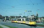 SSB Stuttgart__DoT4 903+Bw als E-Wagen während des Dt.Turnfests wendet in der Schleife 'Kelterplatz' in Zuffenhausen.__15-06-1973