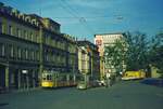 SSB Stuttgart__DoT4 mit Bw als E-Wagen während des Dt.Turnfests vor dem Bhf. Bad Cannstatt.__15-06-1973