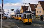 Ein Stuttgarter GT4 Straßenbahnzug erreicht gleich die enge Schleife der Straßenbahnlinie 1.
Datum: 26.03.1986