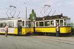 Sonderfahrt im Sommer 1984, TW 418 und BW 1241 auf der Stuttgarter Straßenbahnschleife von Heumaden (Linie 15) 