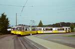 Die Stuttgarter Straßenbahnschleife Heumaden war sehr gut ausgebaut, so dass dort einige Züge der SSB warten konnten (1983)