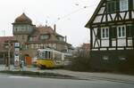 Als Gerlingen noch schön war, wartet ein Stuttgarter Straßenbahnzug der Linie 6 vor seiner Fahrt nach Echterdingen in der langen Straßenbahnschleife der Stadt am Abend des 18.03.1984