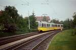 Möhringen: Zug der Stuttgarter Straßenbahnlinie 3 Richtung Plieningen (1983). Stadtbahnschienen sind schon vorhanden.