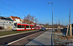 MGT-K (Bombardier Flexity Classic), Wagen 683 und 684, rollen ihrer Endhaltestelle Südstadt entgegen.