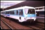 628314 steht am 11.8.1989 um 13.47 Uhr im Hauptbahnhof Heidelberg zur Abfahrt nach Sinsheim bereit.