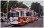 Tram Wagen 225 der Linie 4 am 11.8.1989 am Hauptbahnhof in Heidelberg.