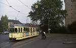 Der Bogestra-GT6ZR 20 verläßt im Frühsommer 1979 die Endschleife am Wanne-Eickeler Hauptbahnhof und beginnt seine Fahrt nach Bochum-Gehrte