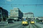 SSB Stuttgart__T2 mit  Schiffle  (B2) auf Linie 10 kam von der 'Geroksruh' und fährt an der 'Planie' geradeaus, unter dem 'Kleinen Schloßplatz' hindurch, zur 'Doggenburg'.