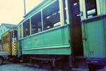 Straßenbahn Reutlingen__Die Straßenbahn in Reutlingen verkehrte das letzte Mal (auf den Linien 1 und 2) am 19. Oktober 1974. Nach der Betriebseinstellung der Linien 3 und 4 im Jahr 1970 waren der ehemalige Dampfbahn-Personenwagen 7 [Rastatt 1899] und der Bw 11 [HK 1916] im Bf Bahnhof Eningen abgestellt.__24-06-1970