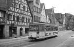 Nürnberg-Fürther Straßenbahn__Tw 224 [T4; MAN/Siemens 1958] auf Linie 7 in der Fürther Altstadt, Königstr. nahe Marktplatz.__15-06-1976