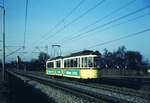 SSB Stuttgart__E-Wagen__DoT4 933 als E-Wagen am frühen Morgen bei Sonnenberg nach Möhringen unterwegs.__02-04-1976