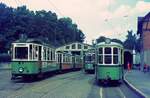 Vor 50 Jahren__Die Straßenbahn in Reutlingen verkehrte das letzte Mal am 19. Oktober 1974. Tw 35 [ME 1929; 1962 ex SSB 259; heute als SSF 15* im Straßenbahnmuseum] mit zwei Bw auf Linie 2, ein T2 auf Linie 1 und ein  linienloser  Bw 49 [ME 1964] im Bf Eningen.__01-05-1970