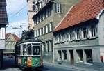 Vor 50 Jahren__Die Straßenbahn in Reutlingen verkehrte das letzte Mal am 19. Oktober 1974. Tw 58 [ME 1957] als Line 1 in Pfullingen.__02-09-1974