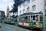 Vor 50 Jahren__Die Straßenbahn in Reutlingen verkehrte das letzte Mal am 19. Oktober 1974. Tw 58 [ME 1957] als Line 1 hinter 3-Wagen-Zug der Linie 2 an der Endstelle in Pfullingen.__02-09-1974