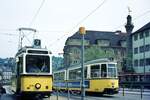 SSB Stuttgart__GS-Tw 851 begegnet an der 'Planie' einem GT4-Zug der Linie 6.