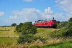 Wie man an den geneigten Gräsern erkennen kann, blies ein ordentlicher Wind, als 218 366-3 und 218 344-0 am 28.06.2024 bei Morsum mit einem Autozug von Westerland nach Niebüll fahren