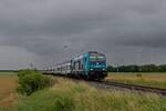 245 209-2 verlässt bei stürmischem Wetter mit ihrem RE 6 den Kreuzungsbahnhof Lehnshallig in Richtung Westerland (02.07.2024)