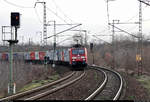 Containerzug mit 189 001-1 (Siemens ES64F4) DB durchfährt den Hp Magdeburg Herrenkrug auf der Bahnstrecke Berlin–Magdeburg (KBS 201) Richtung Magdeburg-Neustadt.