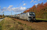 Rhein Cargo 192 055 mit einem Kesselzug am 16.10.2022 in Teschenhagen bei Stralsund aufgenommen.